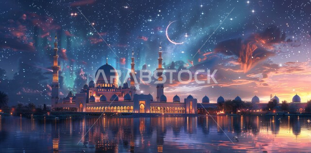 مسجد عربي فاخر، العبادة والتقرب إلى الله، آداء الفرائض والصلوات، انعكاس ضوء القمر على الماء ليلا ، منظر الهلال في السماء  المليئه بالسحب البيضاء  في وقت غروب الشمس ،  الفن الهندسي المعماري على الطراز الحديث للقبب والمآذن المضيئة ليلا في المملكه العربيه السعودية 