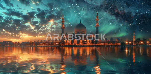 منظر الهلال في السماء  المليئه بالسحب البيضاء  في وقت غروب الشمس ،  الفن الهندسي المعماري على الطراز الحديث للقبب والمآذن المضيئة ليلا في المملكه العربيه السعودية ، مسجد عربي فاخر، العبادة والتقرب إلى الله، آداء الفرائض والصلوات، انعكاس ضوء القمر على الماء ليلا 
