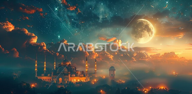 منظر البدر في السماء  المليئه بالسحب البيضاء  في وقت غروب الشمس ،  الفن الهندسي المعماري على الطراز الحديث للقبب والمآذن المضيئة ليلا في المملكه العربيه السعودية ، مسجد عربي فاخر، العبادة والتقرب إلى الله،  آداء الفرائض والصلوات