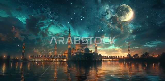 انعكاس ضوء القمر على الماء ليلا ، منظر البدر في السماء  المليئه بالسحب البيضاء  في وقت غروب الشمس ،  الفن الهندسي المعماري على الطراز الحديث للقبب والمآذن المضيئة ليلا في المملكه العربيه السعودية ، مسجد عربي فاخر، العبادة والتقرب إلى الله، آداء الفرائض والصلوات