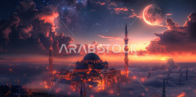  آداء الفرائض والصلوات، منظر الهلال في السماء  المليئه بالسحب البيضاء  في وقت غروب الشمس ، الفن الهندسي المعماري على الطراز الحديث للقبب والمآذن المضيئة ليلا في المملكه العربيه السعودية ، مسجد عربي فاخر،  العبادة والتقرب إلى الله
