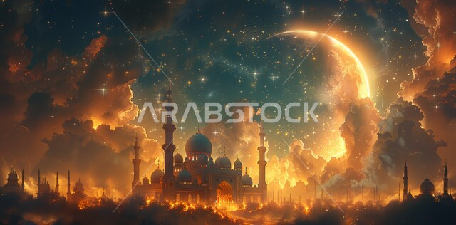  العبادة والتقرب إلى الله،  آداء الفرائض والصلوات، منظر الهلال في السماء  المليئه بالسحب البيضاء  في وقت غروب الشمس ، الفن الهندسي المعماري على الطراز الحديث للقبب والمآذن المضيئة ليلا في المملكه العربيه السعودية ، مسجد عربي فاخر