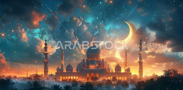 الفن الهندسي المعماري على الطراز الحديث للقبب والمآذن المضيئة ليلا في المملكه العربيه السعودية ، مسجد عربي فاخر، العبادة والتقرب إلى الله،  آداء الفرائض والصلوات، منظر الهلال في السماء  المليئه بالسحب البيضاء  في وقت غروب الشمس