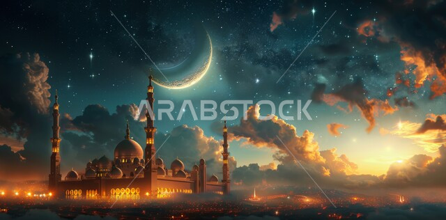  آداء الفرائض والصلوات، منظر الهلال في السماء  المليئه بالسحب البيضاء  في وقت غروب الشمس ، الفن الهندسي المعماري على الطراز الحديث للقبب والمآذن المضيئة ليلا في المملكه العربيه السعودية ، مسجد عربي فاخر، العبادة والتقرب إلى الله