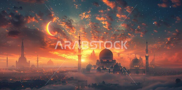   الفن الهندسي المعماري على الطراز الحديث للقبب والمآذن المضيئة ليلا في المملكه العربيه السعودية ، مسجد عربي فاخر، العبادة والتقرب إلى الله،  آداء الفرائض والصلوات، منظر الهلال في السماء  المليئه بالسحب البيضاء  في وقت غروب الشمس