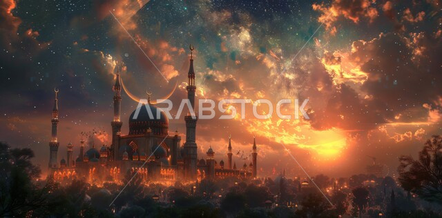 العبادة والتقرب إلى الله،  آداء الفرائض والصلوات، منظر الهلال في السماء  المليئه بالسحب البيضاء  في وقت غروب الشمس ،  الفن الهندسي المعماري على الطراز الحديث للقبب والمآذن المضيئة ليلا في المملكه العربيه السعودية ، مسجد عربي فاخر