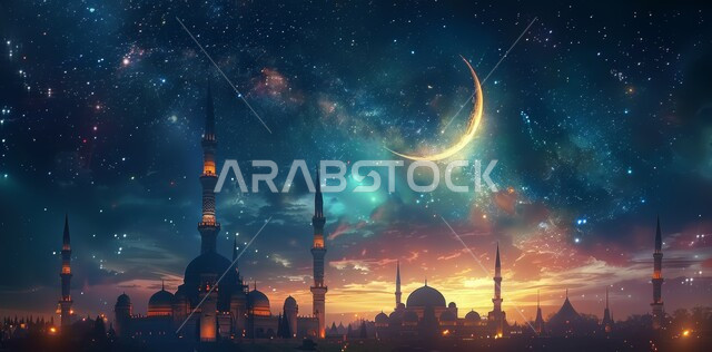  آداء الفرائض والصلوات، منظر  الهلال في السماء  المليئه بالسحب البيضاء  في وقت غروب الشمس ،  الفن الهندسي المعماري على الطراز الحديث للقبب والمآذن المضيئة ليلا في المملكه العربيه السعودية ، مسجد عربي فاخر، العبادة والتقرب إلى الله