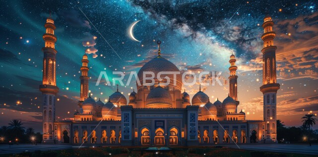  الفن الهندسي المعماري على الطراز الحديث للقبب والمآذن المضيئة ليلا في المملكه العربيه السعودية ، مسجد عربي فاخر، العبادة والتقرب إلى الله، آداء الفرائض والصلوات، منظر الهلال في السماء  المليئه بالسحب البيضاء  في وقت غروب الشمس 