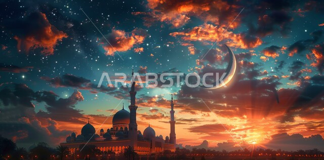 منظر الهلال في السماء  المليئه بالسحب البيضاء  في وقت غروب الشمس ،  الفن الهندسي المعماري على الطراز الحديث للقبب والمآذن المضيئة ليلا في المملكه العربيه السعودية ، مسجد عربي فاخر، العبادة والتقرب إلى الله، آداء الفرائض والصلوات