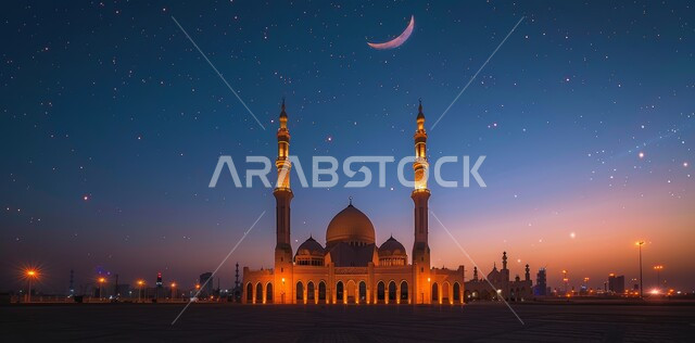  منظر الهلال في السماء في وقت غروب الشمس ،  الفن الهندسي المعماري على الطراز الحديث للقبب والمآذن المضيئة ليلا في المملكه العربيه السعودية ، مسجد عربي فاخر، العبادة والتقرب إلى الله، آداء الفرائض والصلوات،