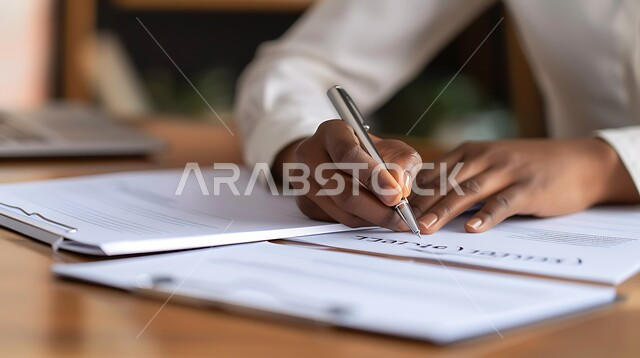  انجاز المهام وتحقيق الاهداف, مهن ووظائف ادارية مكتبية , ملفات ووثائق خاصة بالعمل, صورة مقربة ليد رجل عربي خليجي سعودي يرتدي الثوب التقليدي  يقوم بتدوين وكتابة الملاحظات على الورق , متابعه اعمال الشركه ودراسه وتتبع المشاريع