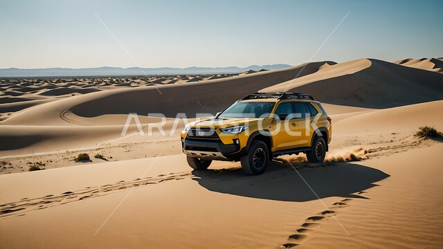  driving a four-wheel drive vehicle in the middle of the desert, fun desert activities, an exciting adventure on the soft golden sands in the deserts of the Kingdom of Saudi Arabia, enjoying practicing hobbies