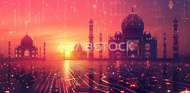 الفن الهندسي المعماري للمآذن والقبب المزخرفة على الطراز الحديث، لوحات اسلامية مميزة، مفهوم العبادة والتقرب إلى الله تعالى، لوحة ثلاثية الأبعاد لمسجد في المملكة العربية السعودية