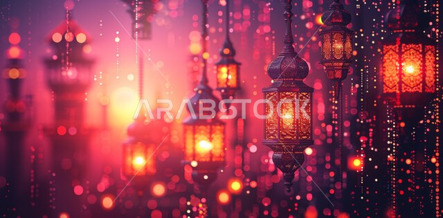 فوانيس معدنية تقليدية معلقة، تحف واكسسوارات وزينة رمضان المبارك، الاحتفال بالمناسبات والاعياد الدينية في المملكة العربية السعودية، الاستعداد لقدوم شهر الخير والبركة، خلفية ضبابية