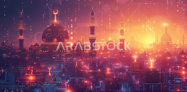 رسوم ثلاثية الأبعاد لمسجد اسلامي، مفهوم العبادة والطاعه والتقرب الى الله، الفن الهندسي المعماري لبناء المساجد في المملكة العربية السعودية، المآذن والقبب المزخرفة، خلفية اسلامية