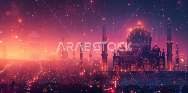 Distinctive Islamic paintings, the concept of worship and drawing closer to God Almighty, a three-dimensional painting of a mosque in the Kingdom of Saudi Arabia, modern architectural engineering art