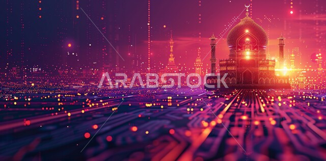 مفهوم العبادة والطاعه والتقرب الى الله، الفن الهندسي المعماري لبناء المساجد في المملكة العربية السعودية، المآذن والقبب المزخرفة، رسوم ثلاثية الأبعاد لمسجد اسلامي، خلفية اسلامية