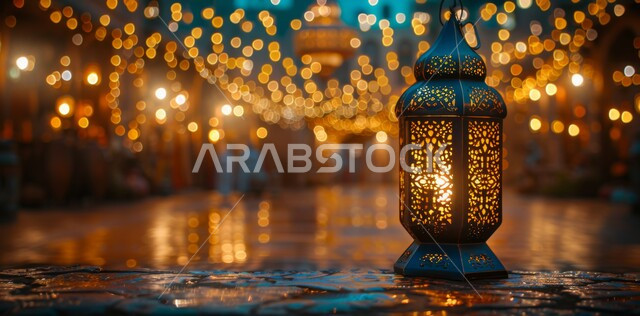 فانوس معدني نقليدي مع شمعة مضيئة، مفهوم العبادة والتقرب إلى الله، السرور والبهجة بقدوم شهر الخير، زينة وديكورات على الطراز العربي الإسلامي للاعياد والمناسبات الدينية، الأجواء الرمضانية الروحانية في المملكة العربية السعودية، خلفية ضبابية