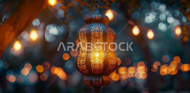 تحف واكسسوارات وزينة رمضان المبارك، فانوس عربي معدني تقليدي معلق، الاحتفال بالمناسبات والاعياد الدينية في المملكة العربية السعودية، الاستعداد لقدوم شهر الخير والبركة، خلفية ضبابية