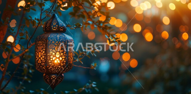 الأجواء الرمضانية الروحانية، فانوس معدني نقليدي معلق ومضاء، مفهوم العبادة والتقرب إلى الله، السرور والبهجة بقدوم شهر الخير، زينة وديكورات على الطراز العربي الإسلامي للاعياد والمناسبات الدينية في المملكة العربية السعودية، خلفية ضبابية