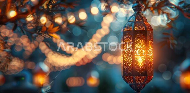 مصباح معدني معلق مع شمعة مضيئة، مفهوم العبادة والتقرب إلى الله، السرور والبهجة بقدوم شهر الخير في المملكة العربية السعودية، زينة وديكورات على الطراز العربي الإسلامي للاعياد والمناسبات الدينية، الأجواء الرمضانية الروحانية