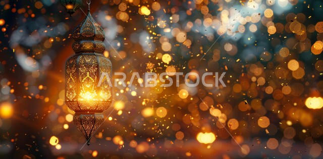 فانوس عربي معدني تقليدي معلق، الاحتفال بالمناسبات والاعياد الدينية في المملكة العربية السعودية، الاستعداد لقدوم شهر الخير والبركة، تحف واكسسوارات وزينة رمضان المبارك، خلفية ضبابية