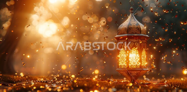 The concept of worship and drawing closer to God, the joy and happiness of the arrival of the month of goodness, decorations and decorations in the Arab Islamic style for religious holidays and occasions, a metal lamp with a lit candle in the middle of the forest, the spiritual Ramadan atmosphere in the Kingdom of Saudi Arabia