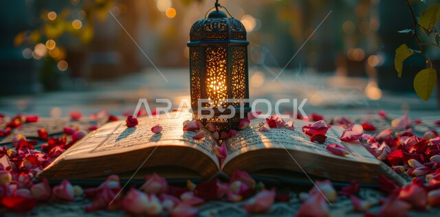 السرور والبهجة بقدوم شهر الخير، زينة وديكورات على الطراز العربي الإسلامي للاعياد والمناسبات الدينية، مفهوم العبادة والتقرب إلى الله، مصباح معدني مضيئ فوق القرآن الكريم وسط الورود، الأجواء الرمضانية الروحانية في المملكة العربية السعودية