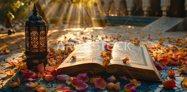 مصباح معدني مضيئ جانب القرآن الكريم وسط الورود، زينة وديكورات على الطراز العربي الإسلامي للاعياد والمناسبات الدينية، السرور والبهجة بقدوم شهر الخير، مفهوم العبادة والتقرب إلى الله، الأجواء الرمضانية الروحانية في المملكة العربية السعودية