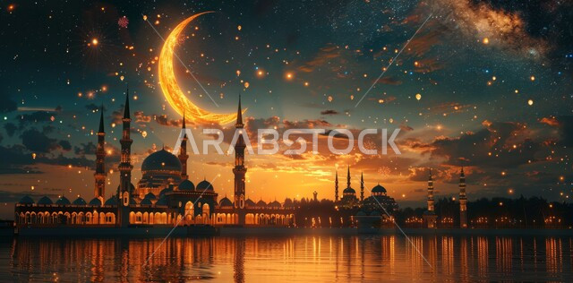 منظر الهلال في السماء المليئه بالسحب البيضاء في وقت الليل، الفن الهندسي المعماري على الطراز الحديث للقبب والمآذن المضيئة ليلاً في المملكه العربيه السعودية، مسجد عربي فاخر، العبادة والتقرب إلى الله، نداء المسلمين لأداء الصلوات والفرائض الدينية