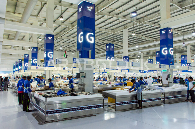 العمال والزوار داخل سوق السمك بمنطقة الديرة بمدينة دبي بالإمارات، التصميم الداخلي للأسواق في دول الخليج، فوائد السمك الغذائية، سمك صحي و طازح، محمية طبيعية بحرية، مفهوم الاكتفاء الذاتي من الثروة البحرية، مواد غذائية غنية بالبروتين والعناصر المهمة الأخرى