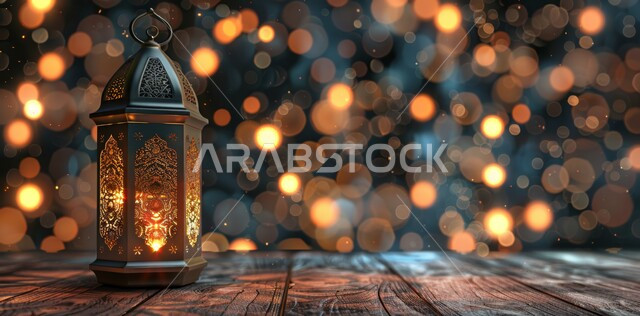 الأجواء الرمضانية الروحانية في المملكة العربية السعودية، مفهوم العبادة والتقرب إلى الله، السرور والبهجة بقدوم شهر الخير، مصباح معدني تقليدي مع شمعة مضيئة، زينة وديكورات على الطراز العربي الإسلامي للاعياد والمناسبات الدينية، خلفية ضبابية