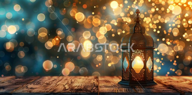 مصباح معدني تقليدي مع شمعة مضيئة، الأجواء الرمضانية الروحانية في المملكة العربية السعودية، مفهوم العبادة والتقرب إلى الله، السرور والبهجة بقدوم شهر الخير، زينة وديكورات على الطراز العربي الإسلامي للاعياد والمناسبات الدينية، خلفية ضبابية