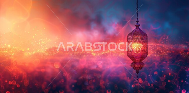 The concept of worship and drawing closer to God, joy and happiness with the arrival of the month of goodness, decorations and decorations in the Arab Islamic style for religious holidays and occasions, hanging metal lamp with a lit candle, the spiritual atmosphere of Ramadan in the Kingdom of Saudi Arabia