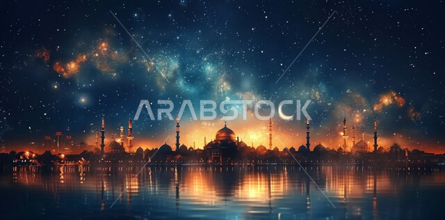 انعكاس المسجد على الماء ليلا، منظر الهلال في السماء المليئه بالنجوم وقت الليل، الفن الهندسي المعماري على الطراز الحديث للقبب والمآذن المضيئة في المملكه العربيه السعودية، مسجد عربي فاخر، العبادة والتقرب إلى الله، آداء الفرائض والصلوات