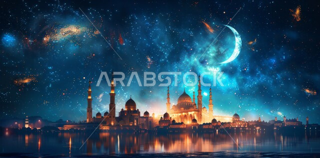 الفن الهندسي المعماري على الطراز الحديث للقبب والمآذن المضيئة في المملكه العربيه السعودية، آداء الفرائض والصلوات، منظر الهلال في السماء المليئه بالنجوم والسحب وقت الليل، مسجد عربي فاخر، العبادة والتقرب إلى الله