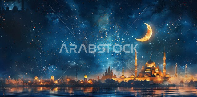 مفهوم العبادة والتقرب إلى الله،  نداء المسلمين لأداء الصلوات والفرائض الدينية، الفن الهندسي المعماري على الطراز الحديث للقبب والمآذن المضيئة ليلاً في المملكه العربيه السعودية، منظر الهلال في السماء وسط النجوم منتصف الليل، مسجد عربي فاخر