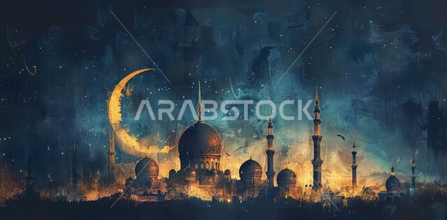 مسجد عربي فاخر، العبادة والتقرب إلى الله، آداء الفرائض والصلوات، منظر الهلال في السماء المليئه بالنجوم وقت الليل، الفن الهندسي المعماري على الطراز الحديث للقبب والمآذن المضيئة ليلا في المملكه العربيه السعودية