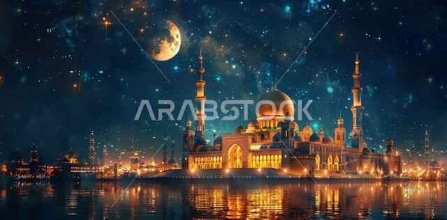 منظر البدر في السماء وقت الليل، الفن الهندسي المعماري على الطراز الحديث للقبب والمآذن المضيئة ليلا في المملكه العربيه السعودية، مسجد عربي فاخر، العبادة والتقرب إلى الله، آداء الفرائض والصلوات