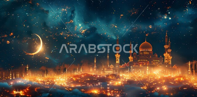  نداء المسلمين لأداء الصلوات والفرائض الدينية، الفن الهندسي المعماري على الطراز الحديث للقبب والمآذن المضيئة ليلاً في المملكه العربيه السعودية، منظر الهلال في السماء وسط النجوم منتصف الليل، مسجد عربي فاخر، العبادة والتقرب إلى الله