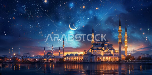 الفن الهندسي المعماري على الطراز الحديث للقبب والمآذن المضيئة ليلاً في المملكه العربيه السعودية، منظر الهلال في السماء وسط النجوم منتصف الليل، مسجد عربي فاخر، العبادة والتقرب إلى الله، نداء المسلمين لأداء الصلوات والفرائض الدينية