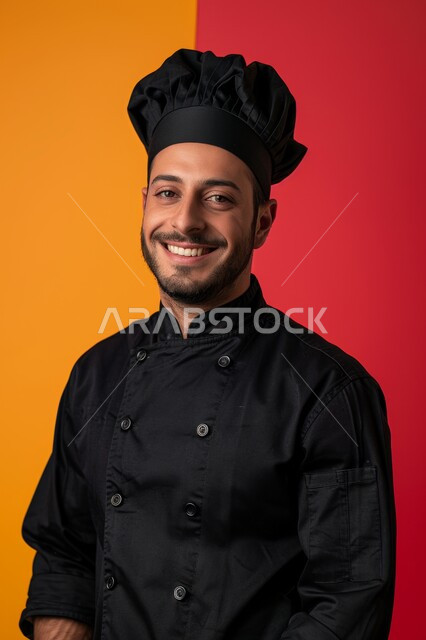 مهارات وفنون الطهي، مفهوم اتباع نظام غذائي صحي، تحضير الوصفات والمأكولات الشهية في مطاعم المملكة العربية السعودية، بورتريه مقرب لرجل عربي خليجي سعودي يرتدي ثوب أبيض خاص بالشيف، خلفية ملونة