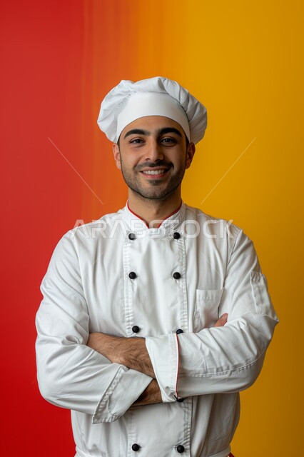 مهارات وفنون الطبخ والإبتكار، بورتريه مقرب لطباخ عربي خليجي سعودي مبتسم يرتدي ثوب أبيض خاص بمزاولة المهنة يقوم بعمله في مطبخ المطعم، اعداد وتحضير الطعام في مطابخ و مطاعم المملكة العربية السعودية، خلفية ملونة