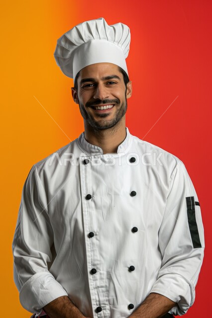مفهوم اتباع نظام غذائي صحي، مهارات وفنون الطهي، تحضير الوصفات والمأكولات الشهية في مطاعم المملكة العربية السعودية، بورتريه مقرب لرجل عربي خليجي سعودي يرتدي ثوب أبيض خاص بالشيف، خلفية ملونة