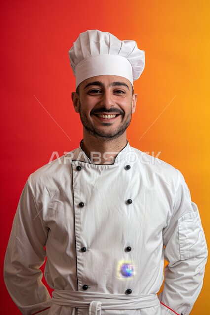 اعداد وتحضير الطعام في مطابخ و مطاعم المملكة العربية السعودية، فنون ومهارات الإبتكار، بورتريه مقرب لطباخ عربي خليجي سعودي مبتسم يرتدي ثوب أبيض خاص بمزاولة المهنة يقوم بعمله في مطبخ المطعم، خلفية ملونة