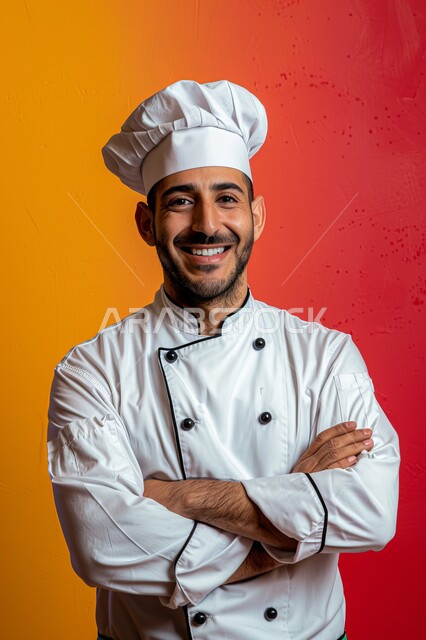تحضير الوصفات والمأكولات الشهية في مطاعم المملكة العربية السعودية، بورتريه مقرب لرجل عربي خليجي سعودي يرتدي ثوب أبيض خاص بالشيف، مفهوم اتباع نظام غذائي صحي، مهارات وفنون الطهي، خلفية ملونة