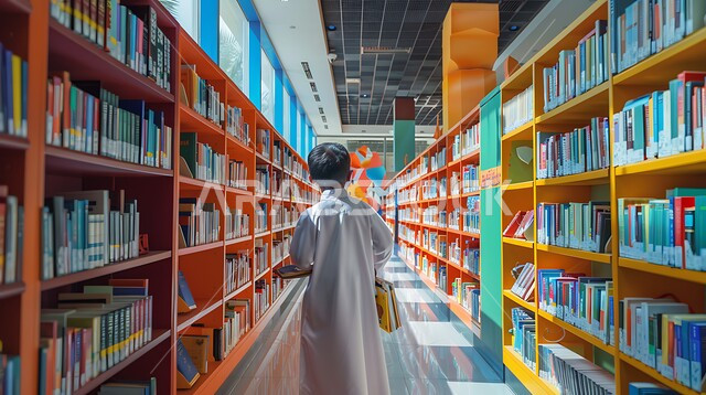 Advanced educational school environment, interior decorations and shelves full of stories and organized volumes, continuous passion for reading and obtaining new information, picture of a Saudi Arabian Gulf student wearing traditional dress choosing books