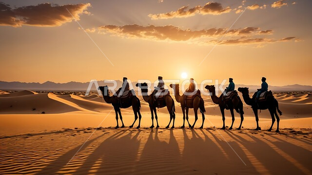 غروب الشمس على الهضاب والتلال في الصحراء ، قافلة من الإبل تسير فوق الكثبان الرملية في طريق السفر الصحراوي، تربية الجمال والناقات العربية في المحميات الطبيعية في البادية، المناظر الطبيعية والرمال الذهبية الناعمة في المملكة العربية السعودية، الحياة البدوية الشعبية القديمة