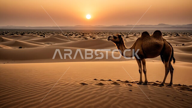 العادات البدوية الشعبية القديمة ، حيوان الابل يسير فوق الكثبان الرملية في طريق السفر الصحراوي ، تربية الجمال والناقات العربية في المحميات الطبيعية في البادية، المناظر الطبيعية والرمال الذهبية الناعمة في المملكة العربية السعودية،  ، منظر غروب الشمس على الهضاب والتلال في الصحراء
