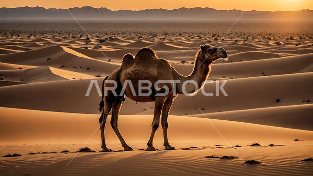 العادات البدوية الشعبية القديمة ، حيوان الابل يسير فوق الكثبان الرملية في طريق السفر الصحراوي ، تربية الجمال والناقات العربية في المحميات الطبيعية في البادية، المناظر الطبيعية والرمال الذهبية الناعمة في المملكة العربية السعودية،  ، منظر غروب الشمس على الهضاب والتلال في الصحراء